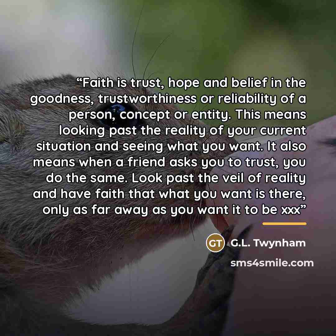 “Faith is trust, hope and belief in the goodness, trustworthiness or reliability of a person, concept or entity. This means looking past the reality of your current situation and seeing what you want. It also means when a friend asks you to trust, you do the same. Look past the veil of reality and…” quote by G.L. Twynham