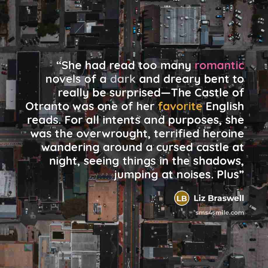 “She had read too many romantic novels of a dark and dreary bent to really be surprised—The Castle of Otranto was one of her favorite English reads. For all intents and purposes, she was the overwrought, terrified heroine wandering around a cursed castle at night, seeing things in the shadows…” quote by Liz Braswell
