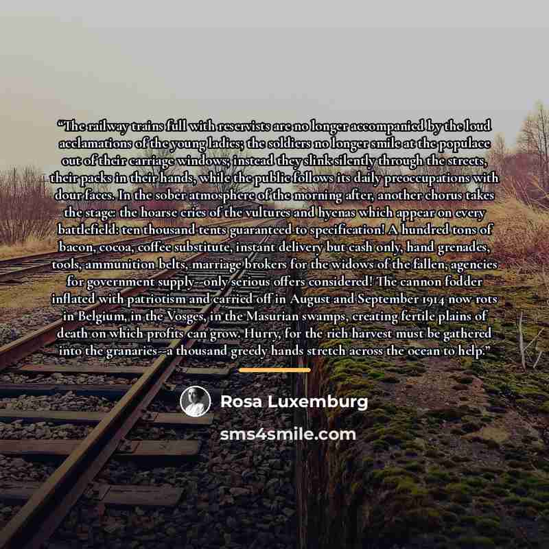 “The railway trains full with reservists are no longer accompanied by the loud acclamations of the young ladies; the soldiers no longer smile at the populace out of their carriage windows; instead they slink silently through the streets, their packs in their hands, while the public follows its…” quote by Rosa Luxemburg