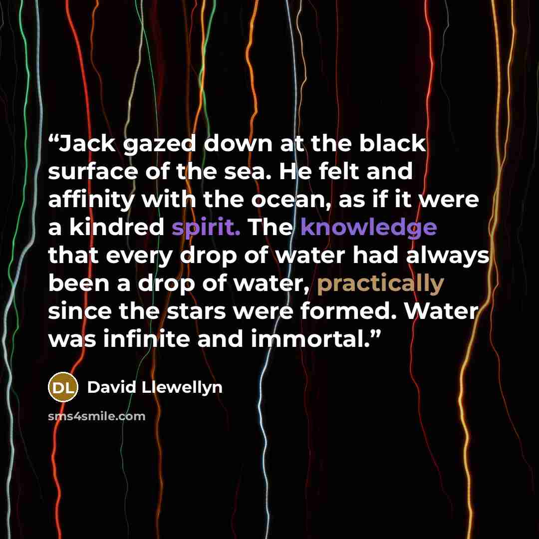 “Jack gazed down at the black surface of the sea. He felt and affinity with the ocean, as if it were a kindred spirit. The knowledge that every drop of water had always been a drop of water, practically since the stars were formed. Water was infinite and immortal.” quote by David Llewellyn