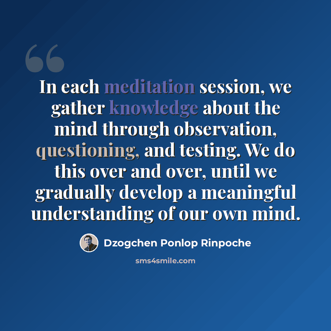 “In each meditation session, we gather knowledge about the mind through observation, questioning, and testing. We do this over and over, until we gradually develop a meaningful understanding of our own mind.” quote by Dzogchen Ponlop Rinpoche