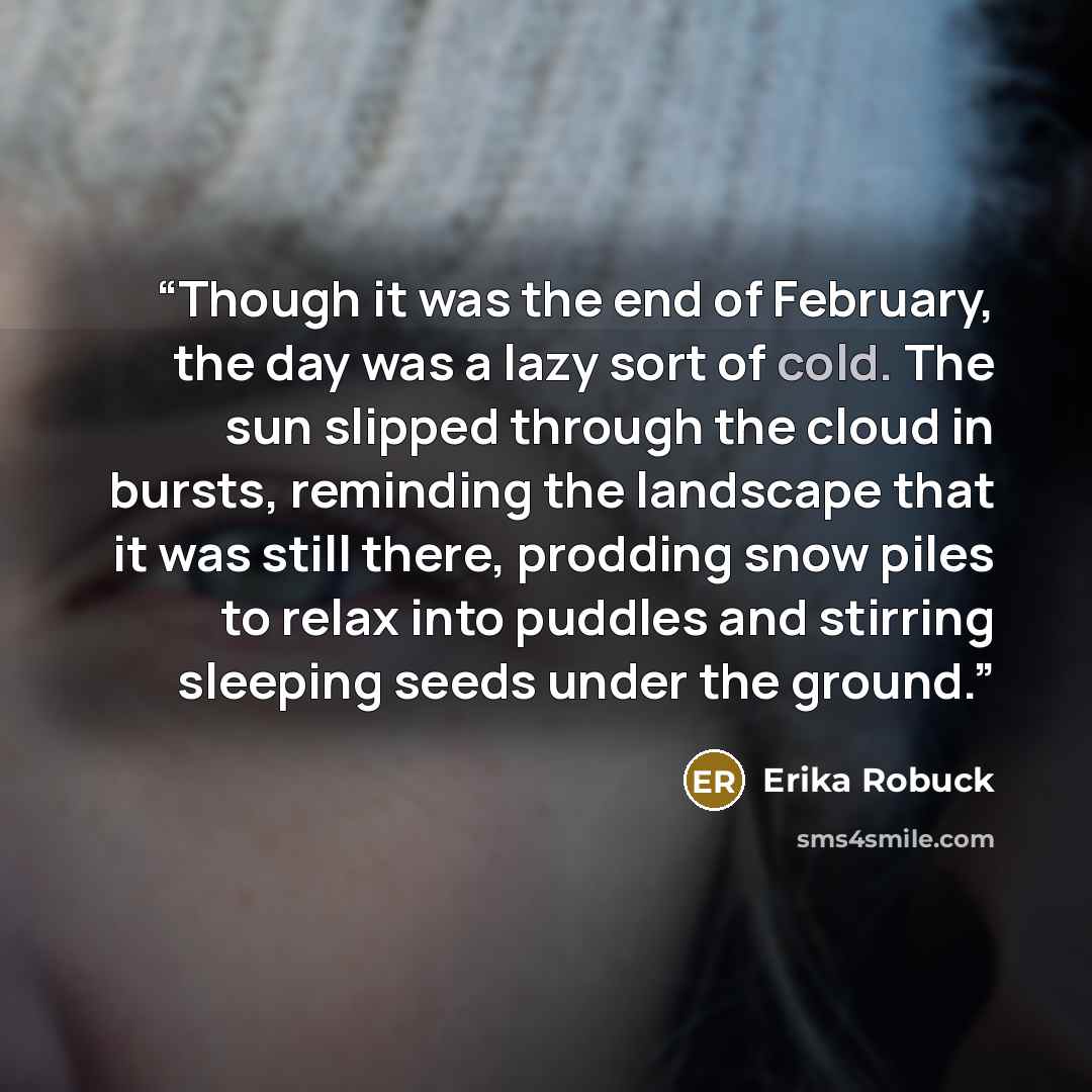 “Though it was the end of February, the day was a lazy sort of cold. The sun slipped through the cloud in bursts, reminding the landscape that it was still there, prodding snow piles to relax into puddles and stirring sleeping seeds under the ground.” quote by Erika Robuck