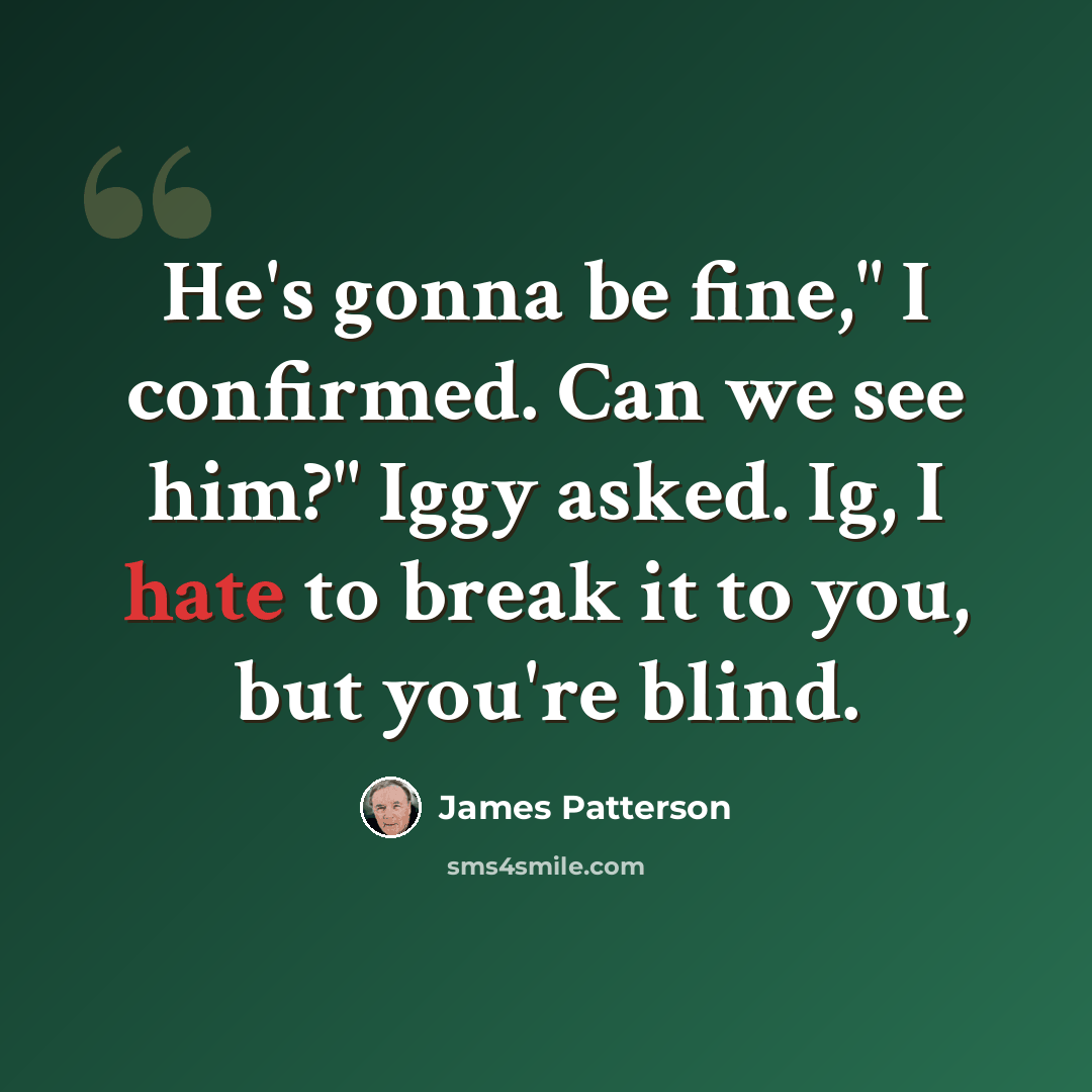 “He's gonna be fine," I confirmed. Can we see him?" Iggy asked. Ig, I hate to break it to you, but you're blind.” quote by James Patterson