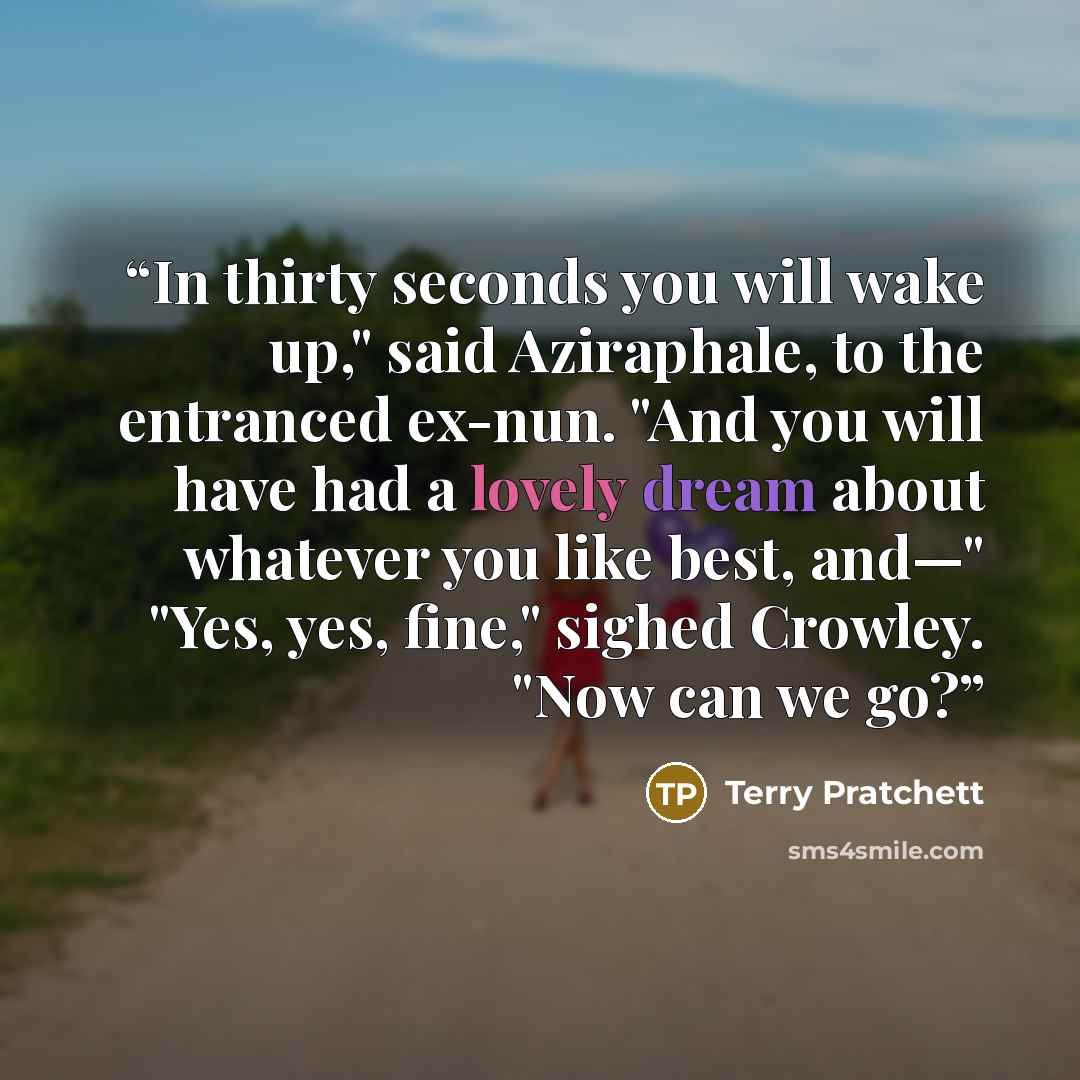 “In thirty seconds you will wake up," said Aziraphale, to the entranced ex-nun. "And you will have had a lovely dream about whatever you like best, and—" "Yes, yes, fine," sighed Crowley. "Now can we go?” quote by Terry Pratchett