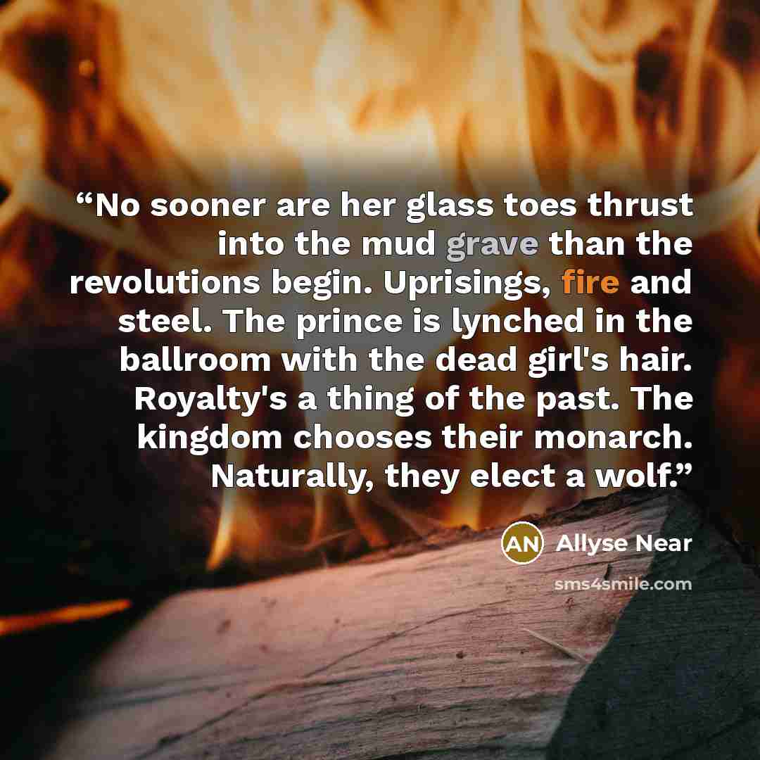 “No sooner are her glass toes thrust into the mud grave than the revolutions begin. Uprisings, fire and steel. The prince is lynched in the ballroom with the dead girl's hair. Royalty's a thing of the past. The kingdom chooses their monarch. Naturally, they elect a wolf.” quote by Allyse Near