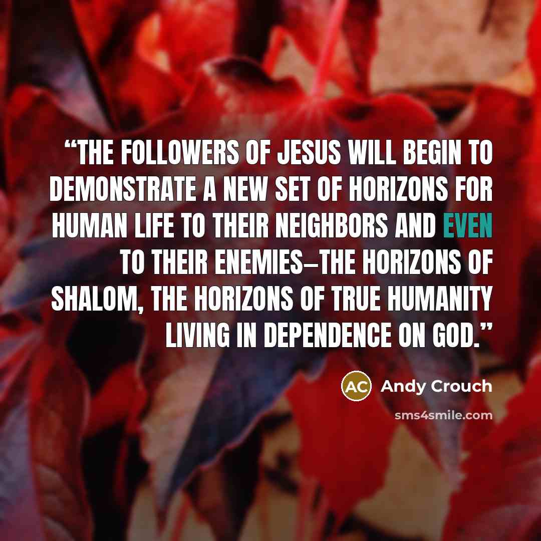 “The followers of Jesus will begin to demonstrate a new set of horizons for human life to their neighbors and even to their enemies—the horizons of shalom, the horizons of true humanity living in dependence on God.” quote by Andy Crouch