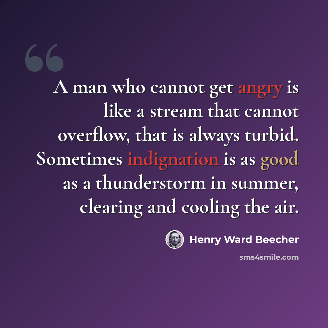 “A man who cannot get angry is like a stream that cannot overflow, that is always turbid. Sometimes indignation is as good as a thunderstorm in summer, clearing and cooling the air.” quote by Henry Ward Beecher