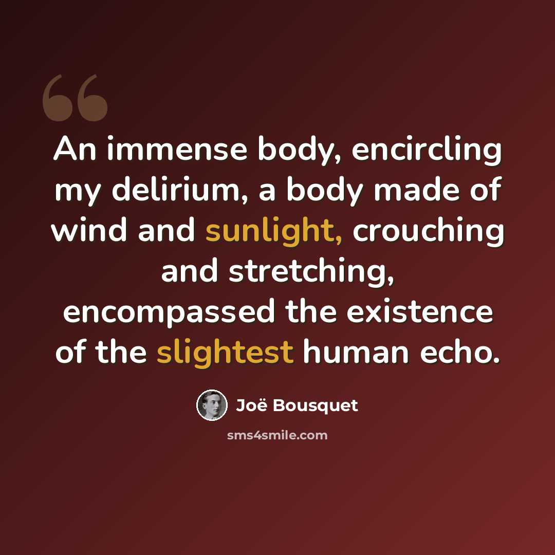 “An immense body, encircling my delirium, a body made of wind and sunlight, crouching and stretching, encompassed the existence of the slightest human echo.” quote by Joë Bousquet