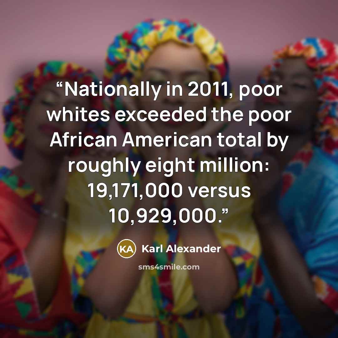 “Nationally in 2011, poor whites exceeded the poor African American total by roughly eight million: 19,171,000 versus 10,929,000.” quote by Karl Alexander