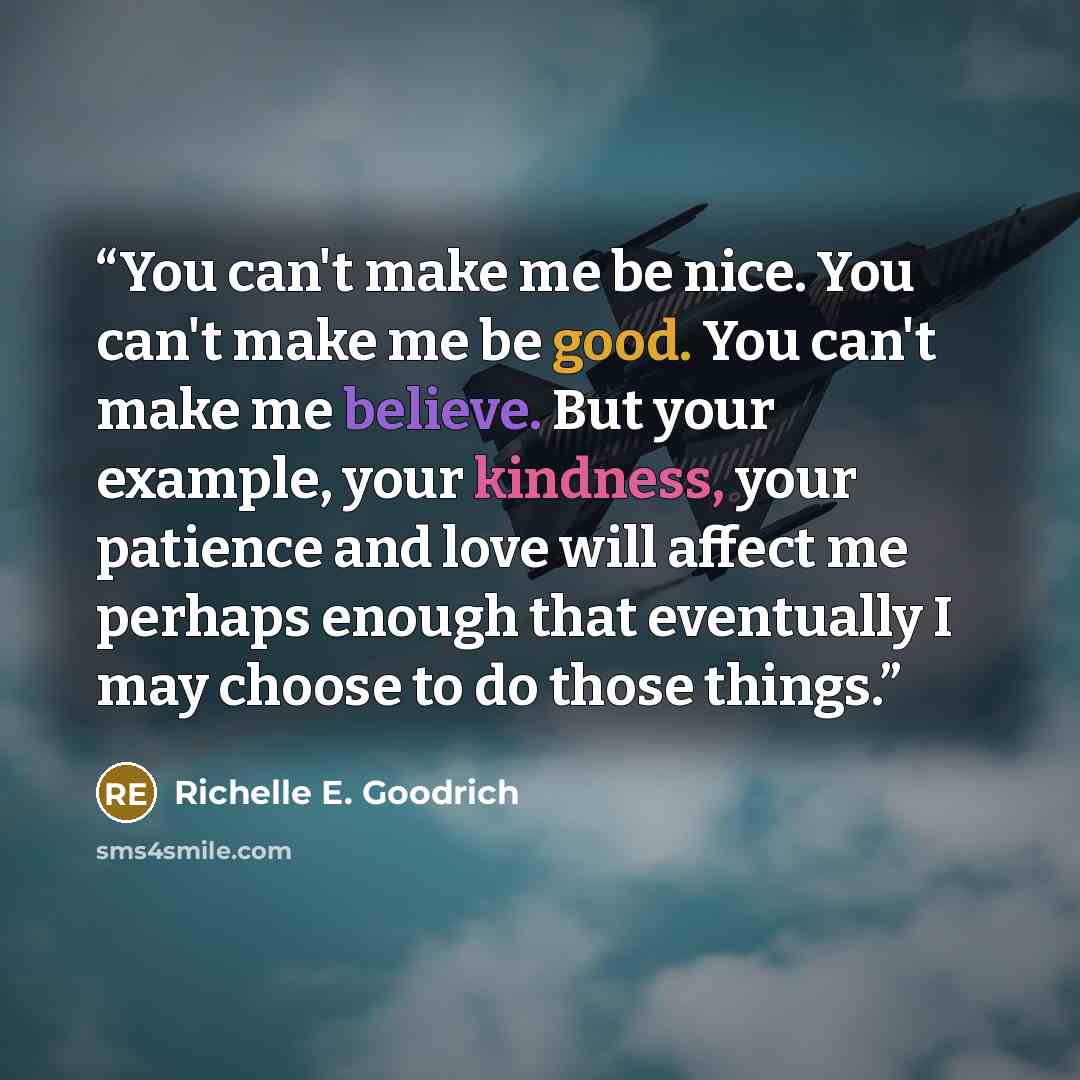 “You can't make me be nice. You can't make me be good. You can't make me believe. But your example, your kindness, your patience and love will affect me perhaps enough that eventually I may choose to do those things.” quote by Richelle E. Goodrich