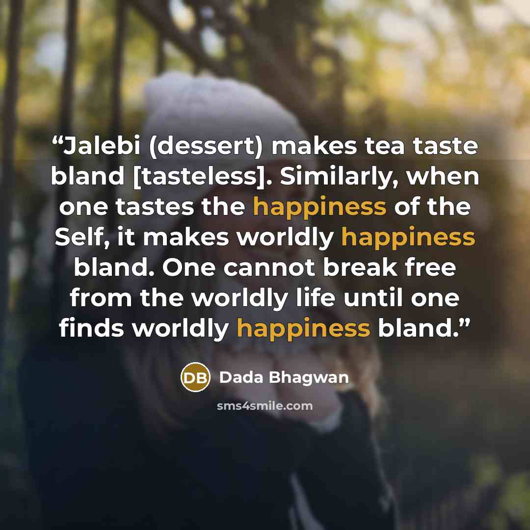 “Jalebi (dessert) makes tea taste bland [tasteless]. Similarly, when one tastes the happiness of the Self, it makes worldly happiness bland. One cannot break free from the worldly life until one finds worldly happiness bland.” quote by Dada Bhagwan