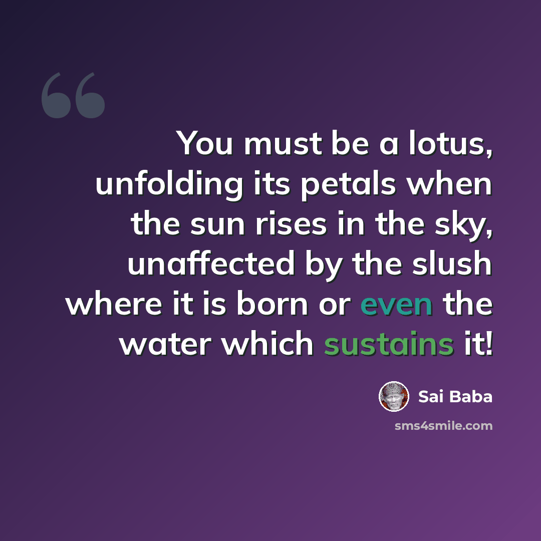 “You must be a lotus, unfolding its petals when the sun rises in the sky, unaffected by the slush where it is born or even the water which sustains it!” quote by Sai Baba