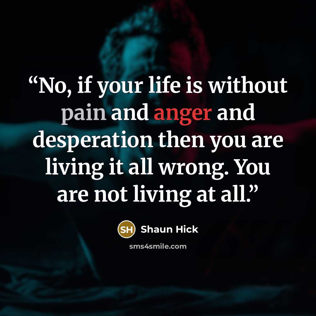 “No, if your life is without pain and anger and desperation then you are living it all wrong. You are not living at all.” quote by Shaun Hick