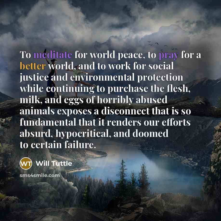 “To meditate for world peace, to pray for a better world, and to work for social justice and environmental protection while continuing to purchase the flesh, milk, and eggs of horribly abused animals exposes a disconnect that is so fundamental that it renders our efforts absurd, hypocritical, and…” quote by Will Tuttle