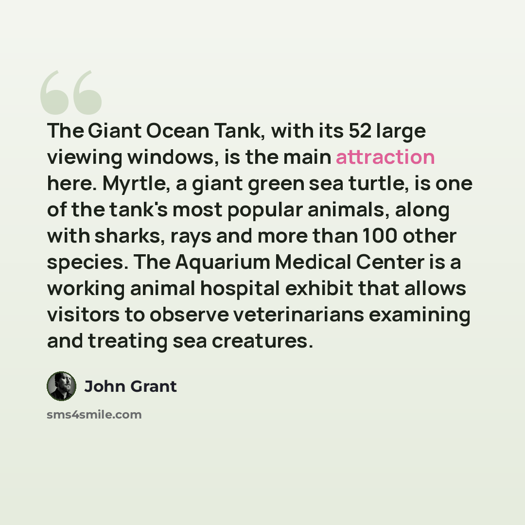“The Giant Ocean Tank, with its 52 large viewing windows, is the main attraction here. Myrtle, a giant green sea turtle, is one of the tank's most popular animals, along with sharks, rays and more than 100 other species. The Aquarium Medical Center is a working animal hospital exhibit that allows…” quote by John Grant