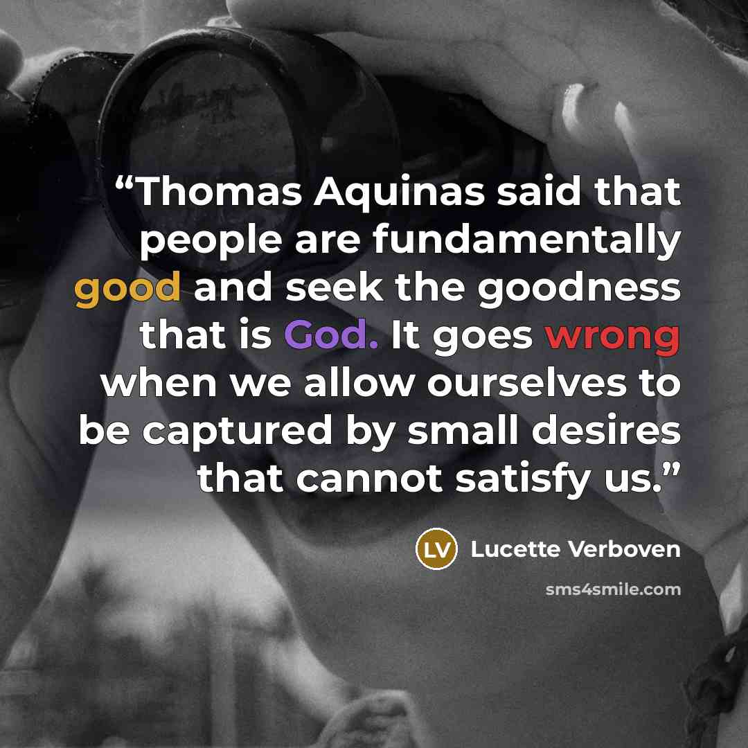 “Thomas Aquinas said that people are fundamentally good and seek the goodness that is God. It goes wrong when we allow ourselves to be captured by small desires that cannot satisfy us.” quote by Lucette Verboven