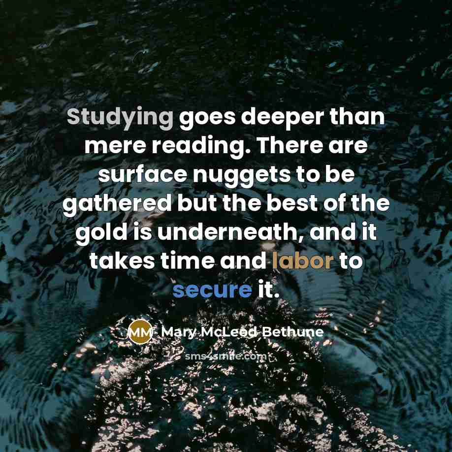 “Studying goes deeper than mere reading. There are surface nuggets to be gathered but the best of the gold is underneath, and it takes time and labor to secure it.” quote by Mary McLeod Bethune