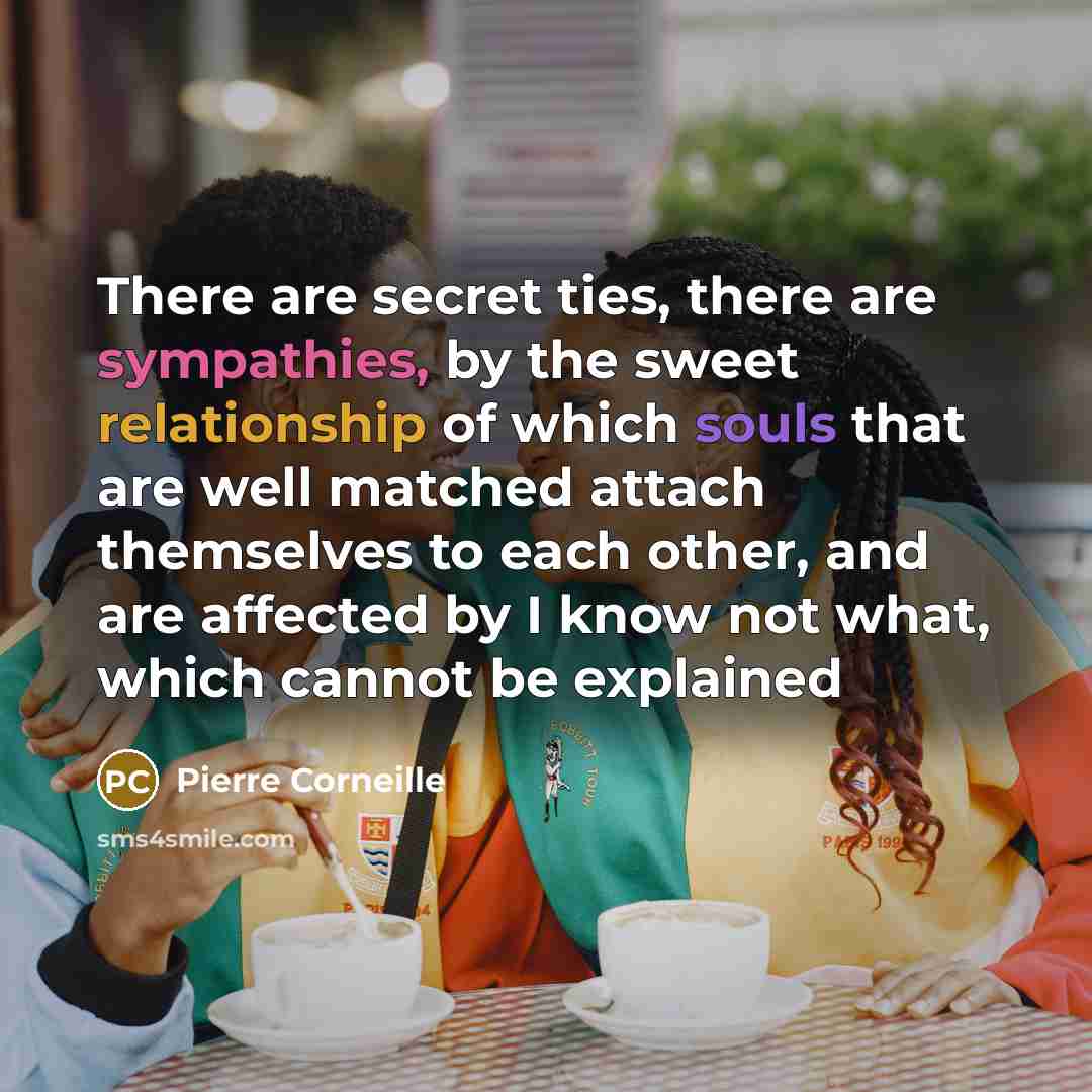“There are secret ties, there are sympathies, by the sweet relationship of which souls that are well matched attach themselves to each other, and are affected by I know not what, which cannot be explained” quote by Pierre Corneille