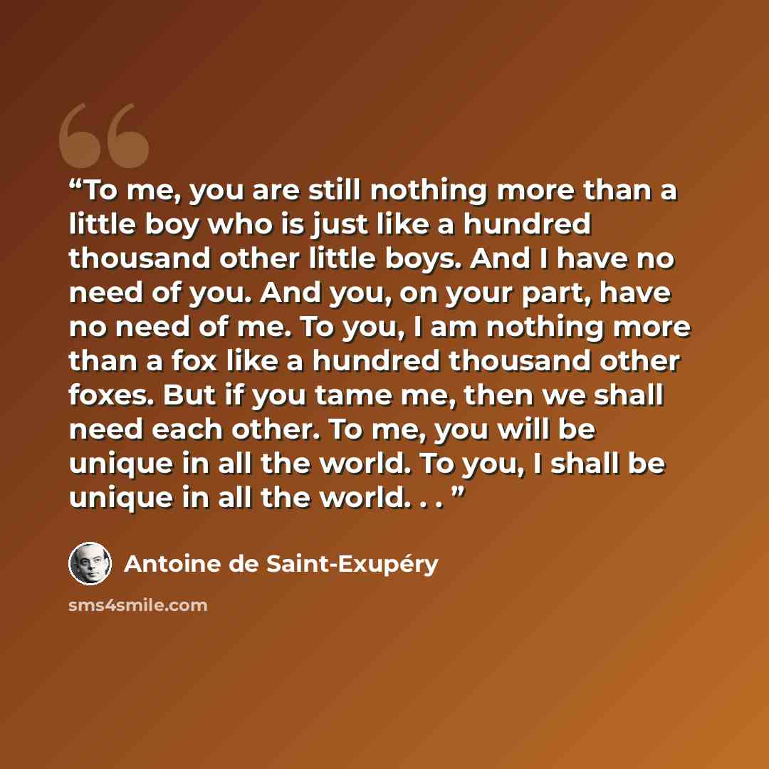 “To me, you are still nothing more than a little boy who is just like a hundred thousand other little boys. And I have no need of you. And you, on your part, have no need of me. To you, I am nothing more than a fox like a hundred thousand other foxes. But if you tame me, then we shall need each…” quote by Antoine de Saint-Exupéry