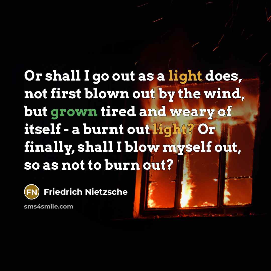 “Or shall I go out as a light does, not first blown out by the wind, but grown tired and weary of itself - a burnt out light? Or finally, shall I blow myself out, so as not to burn out?” quote by Friedrich Nietzsche