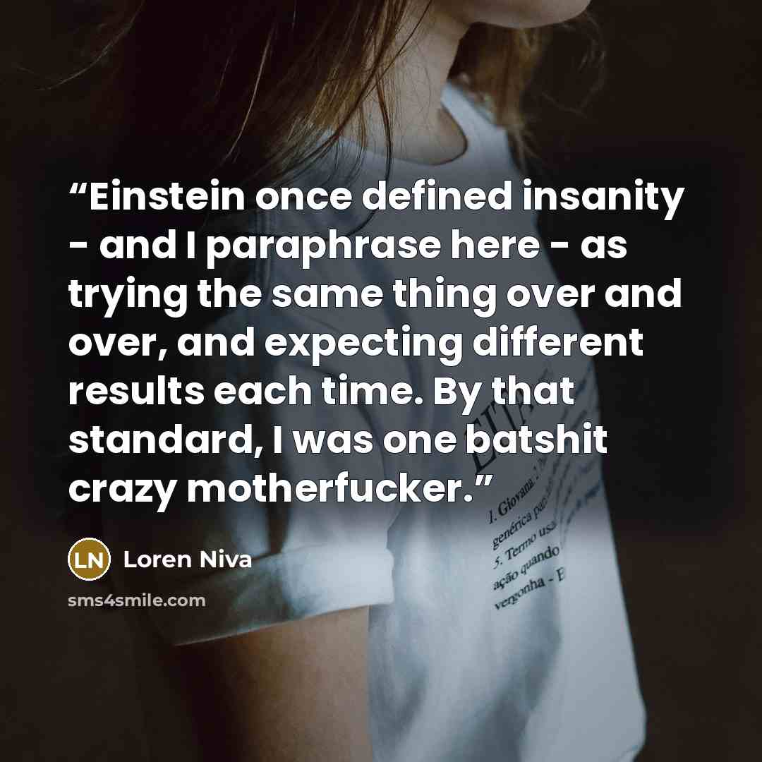 “Einstein once defined insanity - and I paraphrase here - as trying the same thing over and over, and expecting different results each time. By that standard, I was one batshit crazy motherfucker.” quote by Loren Niva