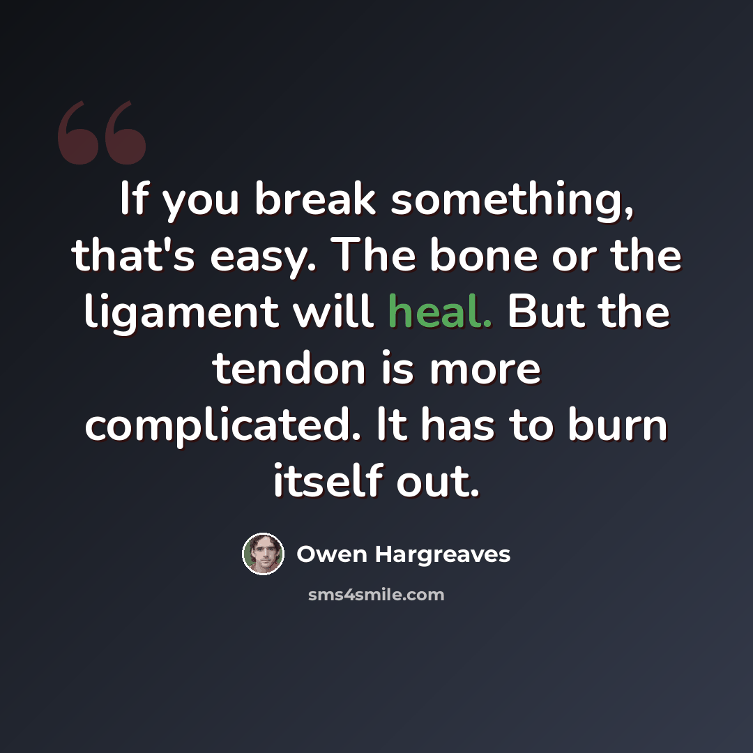 “If you break something, that's easy. The bone or the ligament will heal. But the tendon is more complicated. It has to burn itself out.” quote by Owen Hargreaves