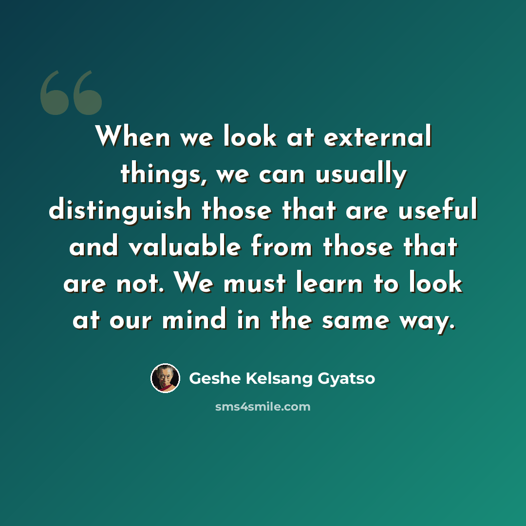 “When we look at external things, we can usually distinguish those that are useful and valuable from those that are not. We must learn to look at our mind in the same way.” quote by Geshe Kelsang Gyatso