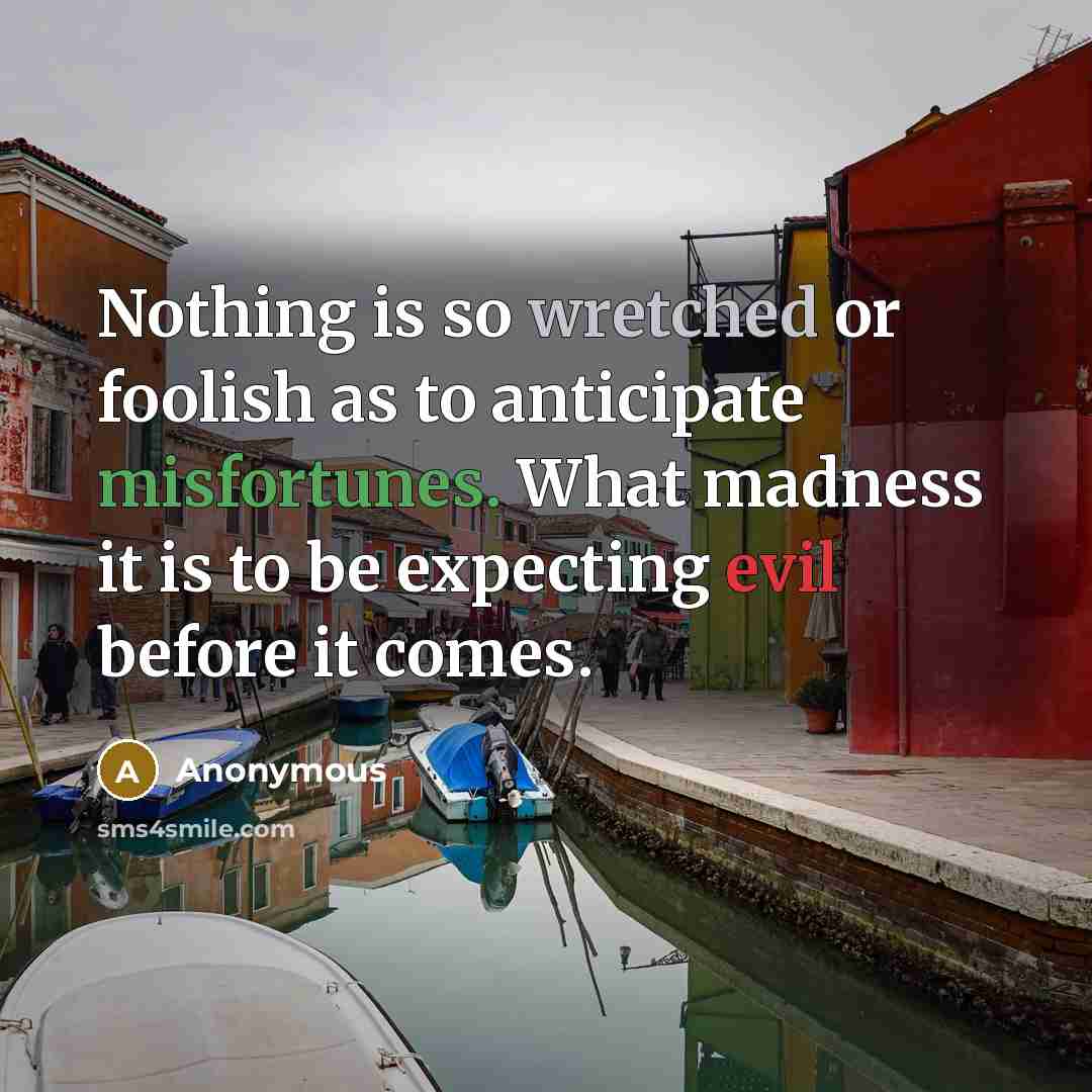 “Nothing is so wretched or foolish as to anticipate misfortunes. What madness it is to be expecting evil before it comes.” quote by Anonymous