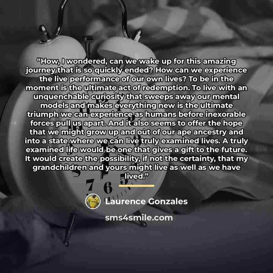 “How, I wondered, can we wake up for this amazing journey that is so quickly ended? How can we experience the live performance of our own lives? To be in the moment is the ultimate act of redemption. To live with an unquenchable curiosity that sweeps away our mental models and makes everything new…” quote by Laurence Gonzales