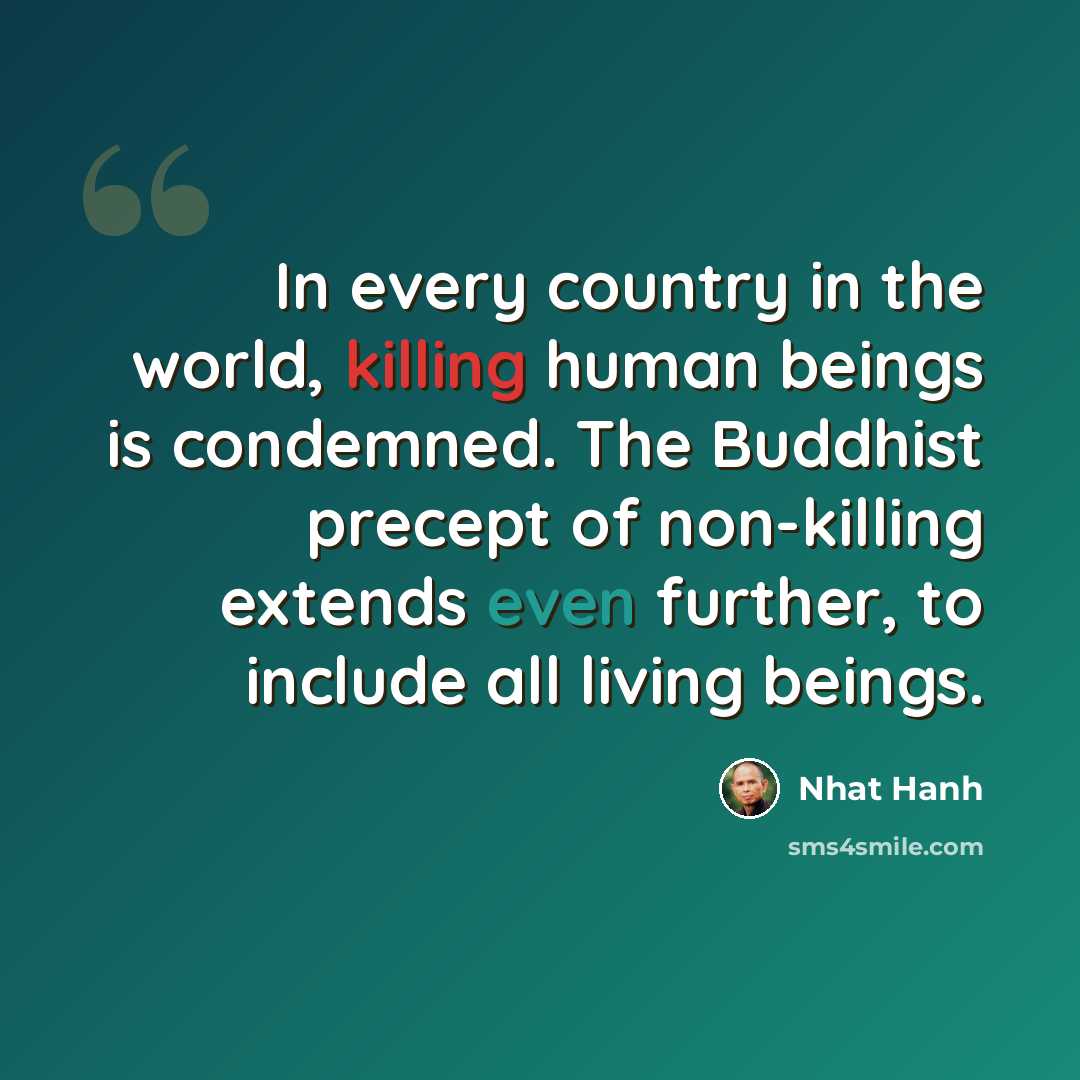 “In every country in the world, killing human beings is condemned. The Buddhist precept of non-killing extends even further, to include all living beings.” quote by Nhat Hanh