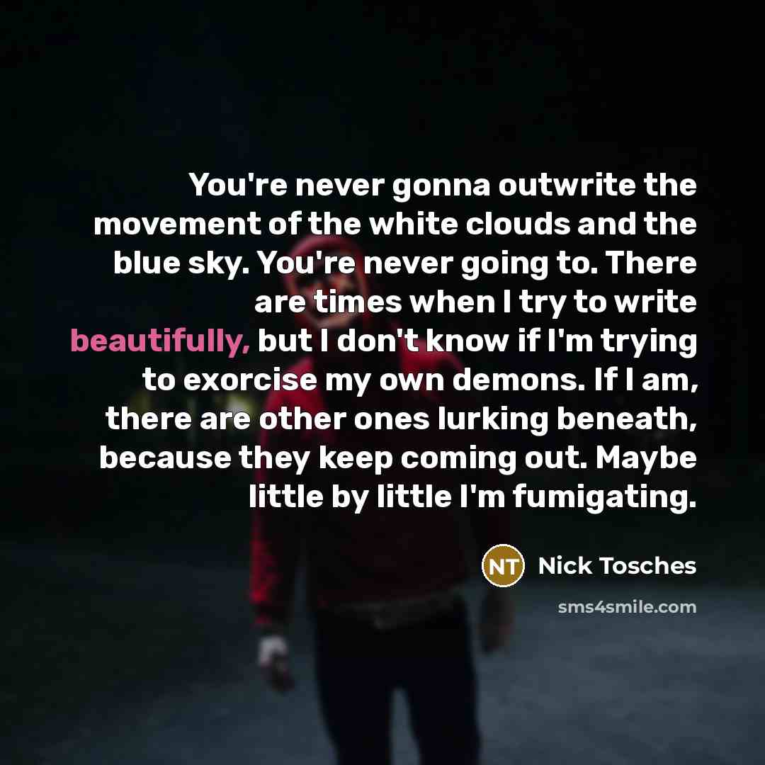 “You're never gonna outwrite the movement of the white clouds and the blue sky. You're never going to. There are times when I try to write beautifully, but I don't know if I'm trying to exorcise my own demons. If I am, there are other ones lurking beneath, because they keep coming out. Maybe little…” quote by Nick Tosches