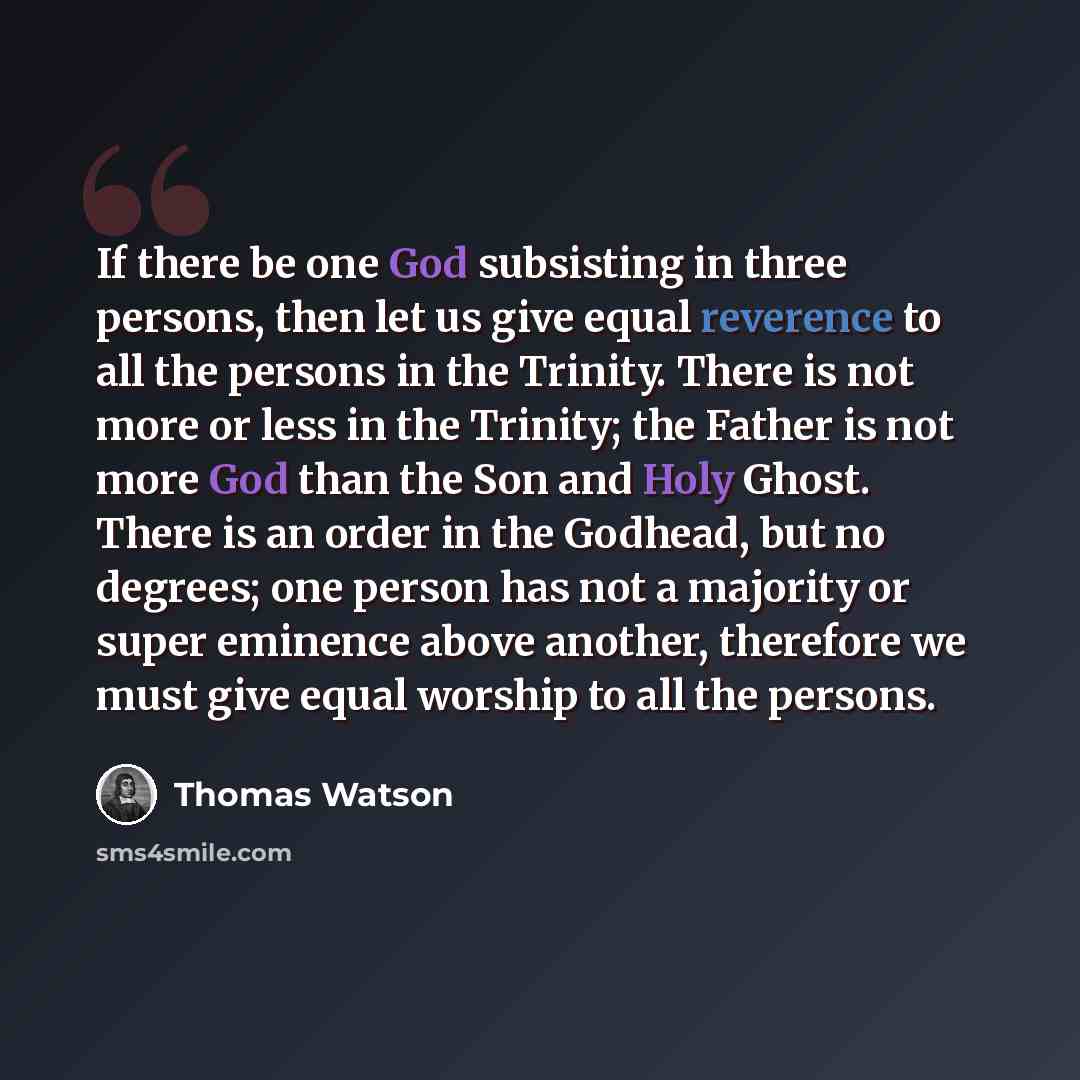 “If there be one God subsisting in three persons, then let us give equal reverence to all the persons in the Trinity. There is not more or less in the Trinity; the Father is not more God than the Son and Holy Ghost. There is an order in the Godhead, but no degrees; one person has not a majority or…” quote by Thomas Watson