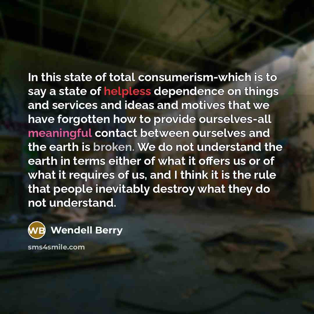 “In this state of total consumerism-which is to say a state of helpless dependence on things and services and ideas and motives that we have forgotten how to provide ourselves-all meaningful contact between ourselves and the earth is broken. We do not understand the earth in terms either of what it…” quote by Wendell Berry