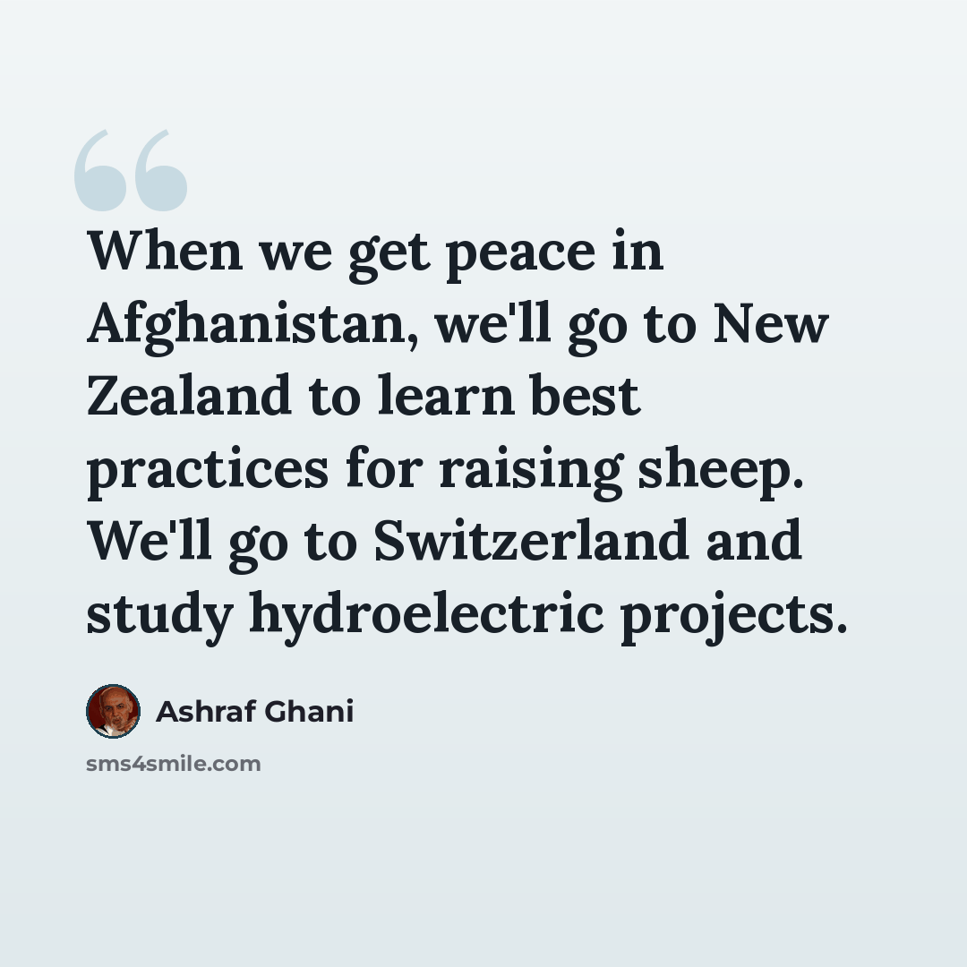 “When we get peace in Afghanistan, we'll go to New Zealand to learn best practices for raising sheep. We'll go to Switzerland and study hydroelectric projects.” quote by Ashraf Ghani