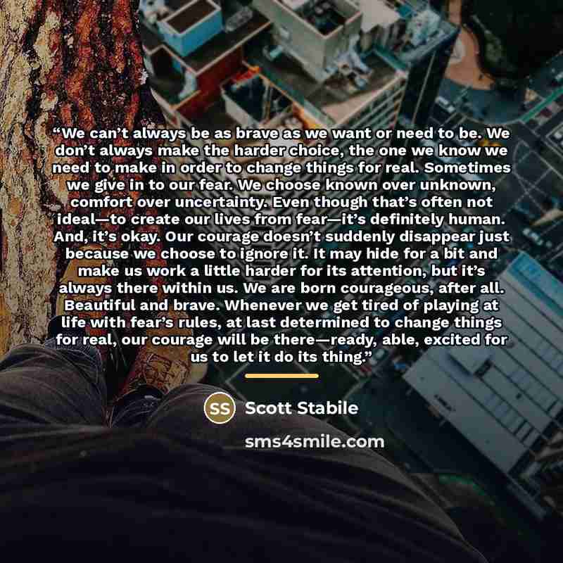 “We can’t always be as brave as we want or need to be. We don’t always make the harder choice, the one we know we need to make in order to change things for real. Sometimes we give in to our fear. We choose known over unknown, comfort over uncertainty. Even though that’s often not ideal—to create…” quote by Scott Stabile