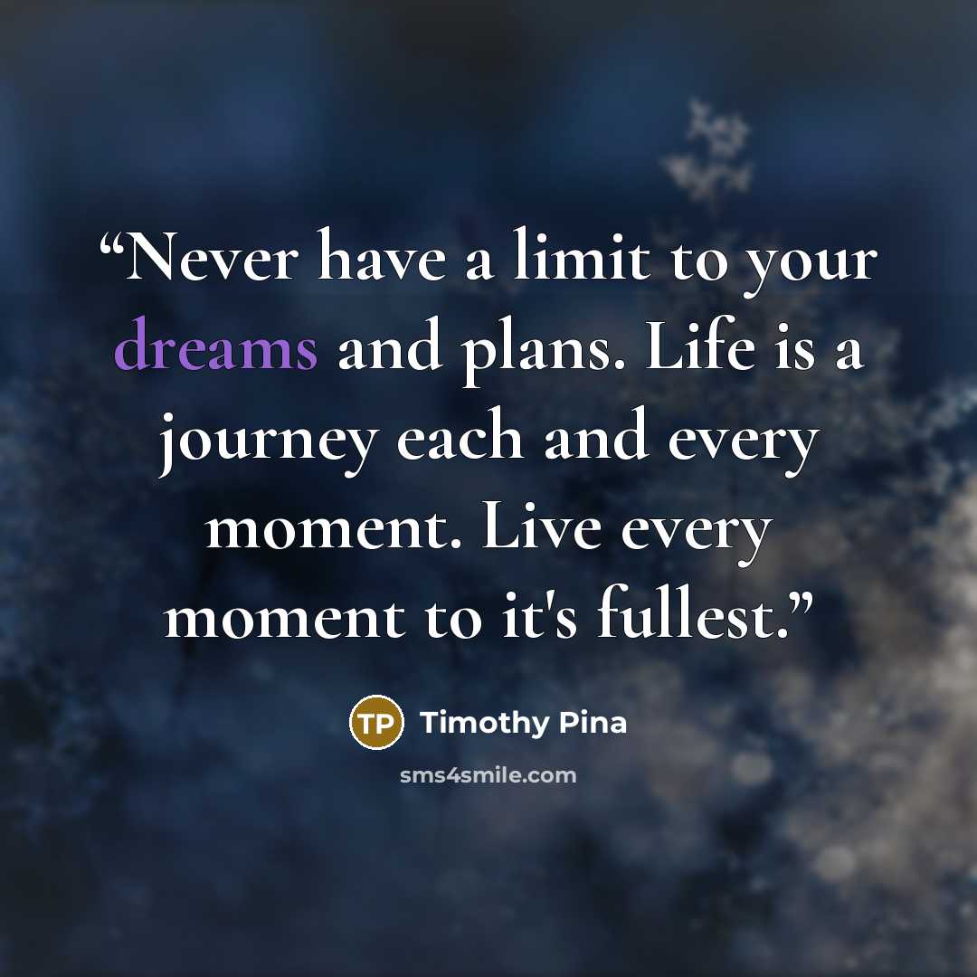 “Never have a limit to your dreams and plans. Life is a journey each and every moment. Live every moment to it's fullest.” quote by Timothy Pina