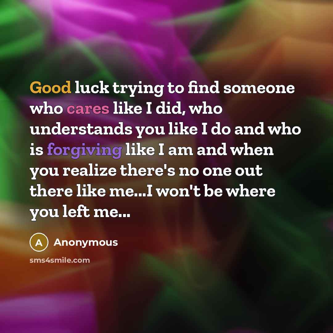“Good luck trying to find someone who cares like I did, who understands you like I do and who is forgiving like I am and when you realize there's no one out there like me...I won't be where you left me...” quote by Anonymous