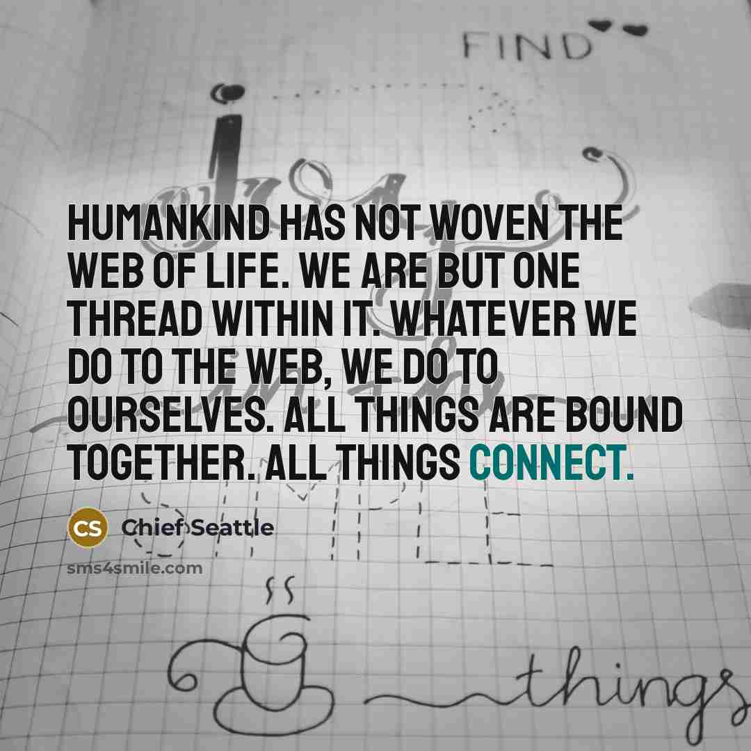 “Humankind has not woven the web of life. We are but one thread within it. Whatever we do to the web, we do to ourselves. All things are bound together. All things connect.” quote by Chief Seattle