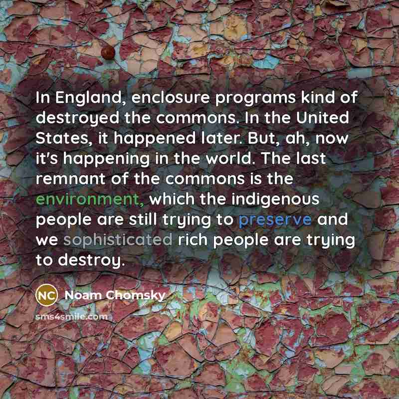 “In England, enclosure programs kind of destroyed the commons. In the United States, it happened later. But, ah, now it's happening in the world. The last remnant of the commons is the environment, which the indigenous people are still trying to preserve and we sophisticated rich people are trying…” quote by Noam Chomsky