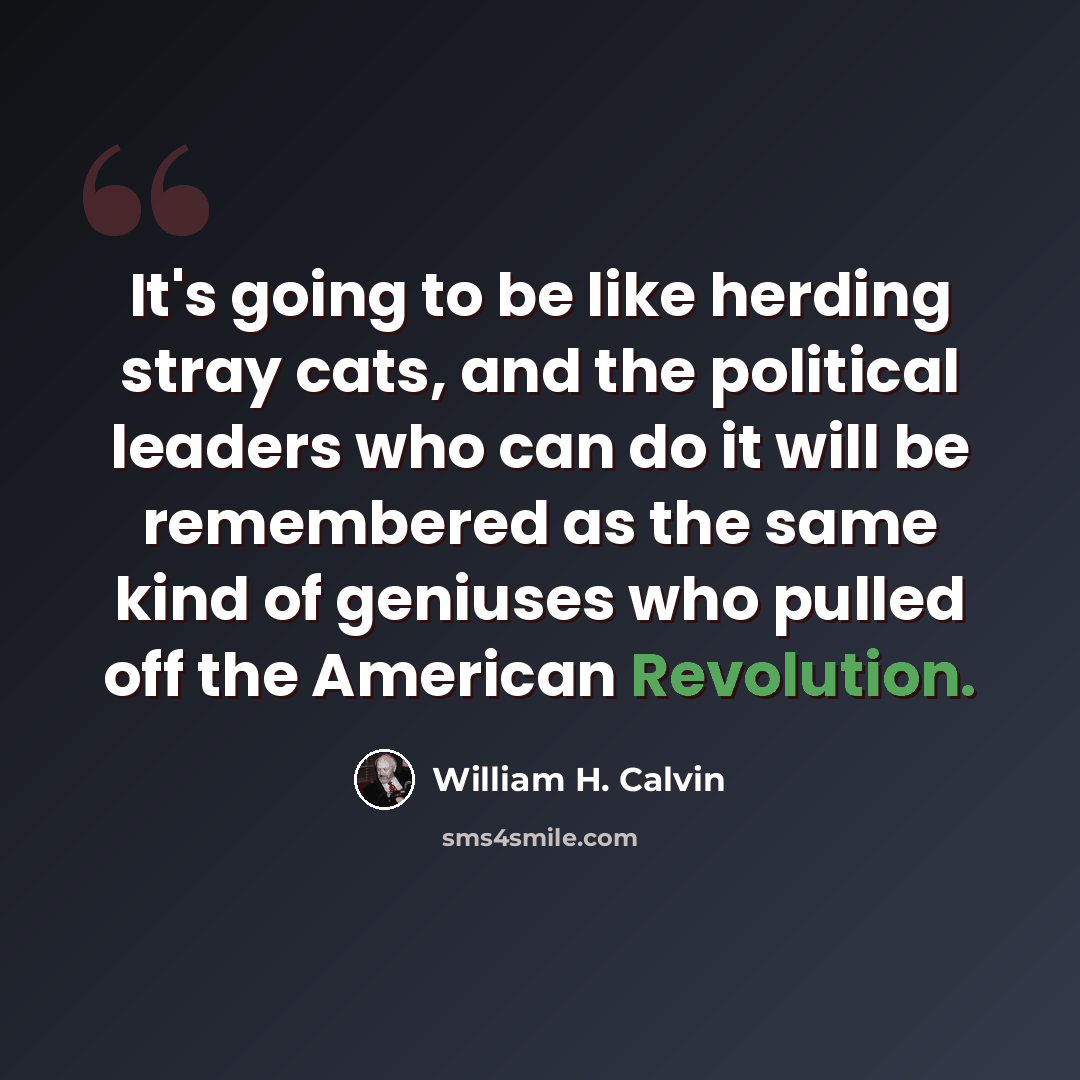 “It's going to be like herding stray cats, and the political leaders who can do it will be remembered as the same kind of geniuses who pulled off the American Revolution.” quote by William H. Calvin