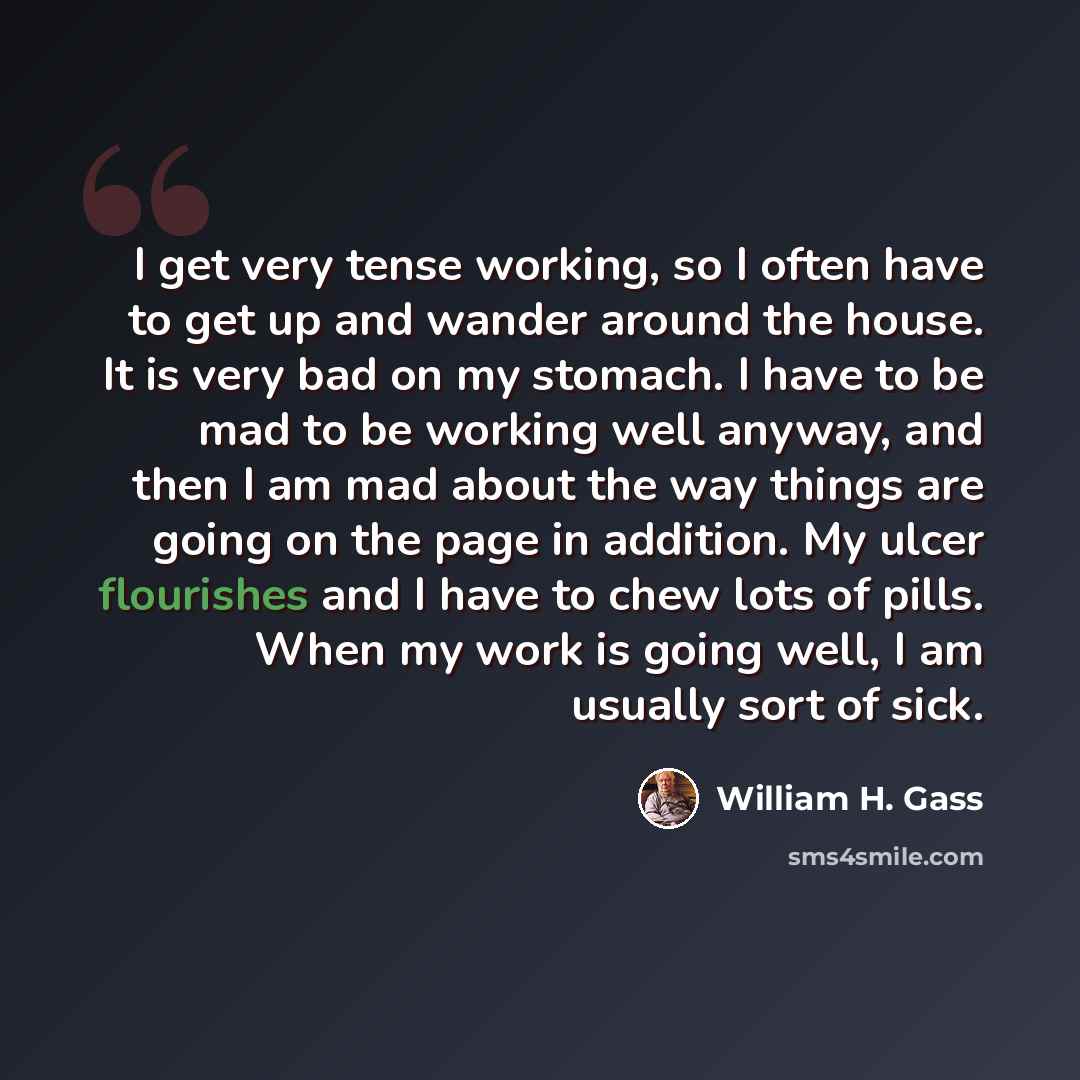 “I get very tense working, so I often have to get up and wander around the house. It is very bad on my stomach. I have to be mad to be working well anyway, and then I am mad about the way things are going on the page in addition. My ulcer flourishes and I have to chew lots of pills. When my work is…” quote by William H. Gass