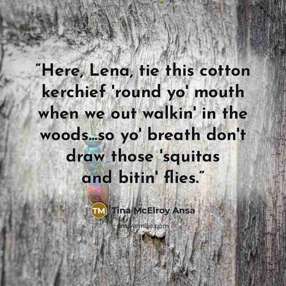 “Here, Lena, tie this cotton kerchief 'round yo' mouth when we out walkin' in the woods...so yo' breath don't draw those 'squitas and bitin' flies.” quote by Tina McElroy Ansa