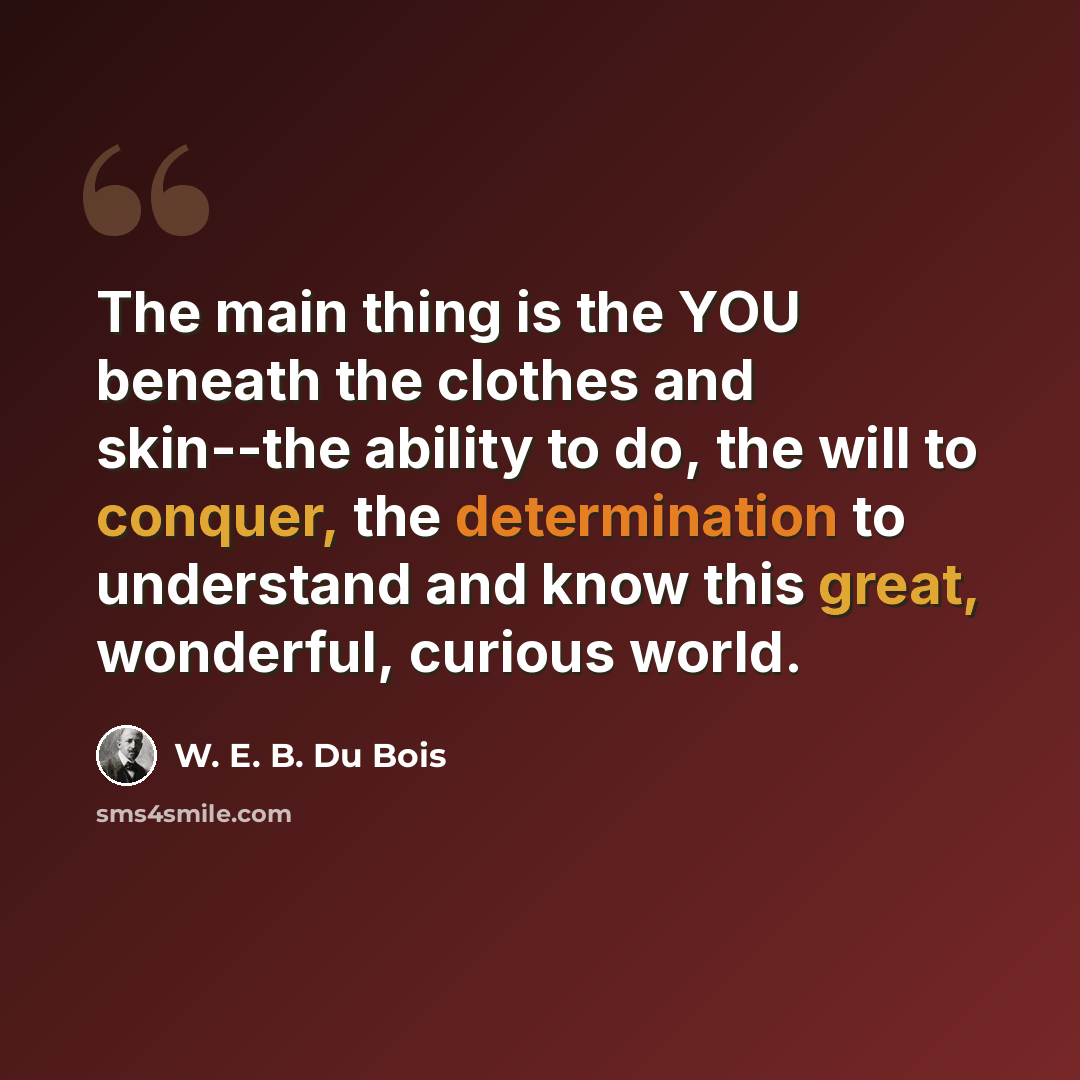 “The main thing is the YOU beneath the clothes and skin--the ability to do, the will to conquer, the determination to understand and know this great, wonderful, curious world.” quote by W. E. B. Du Bois