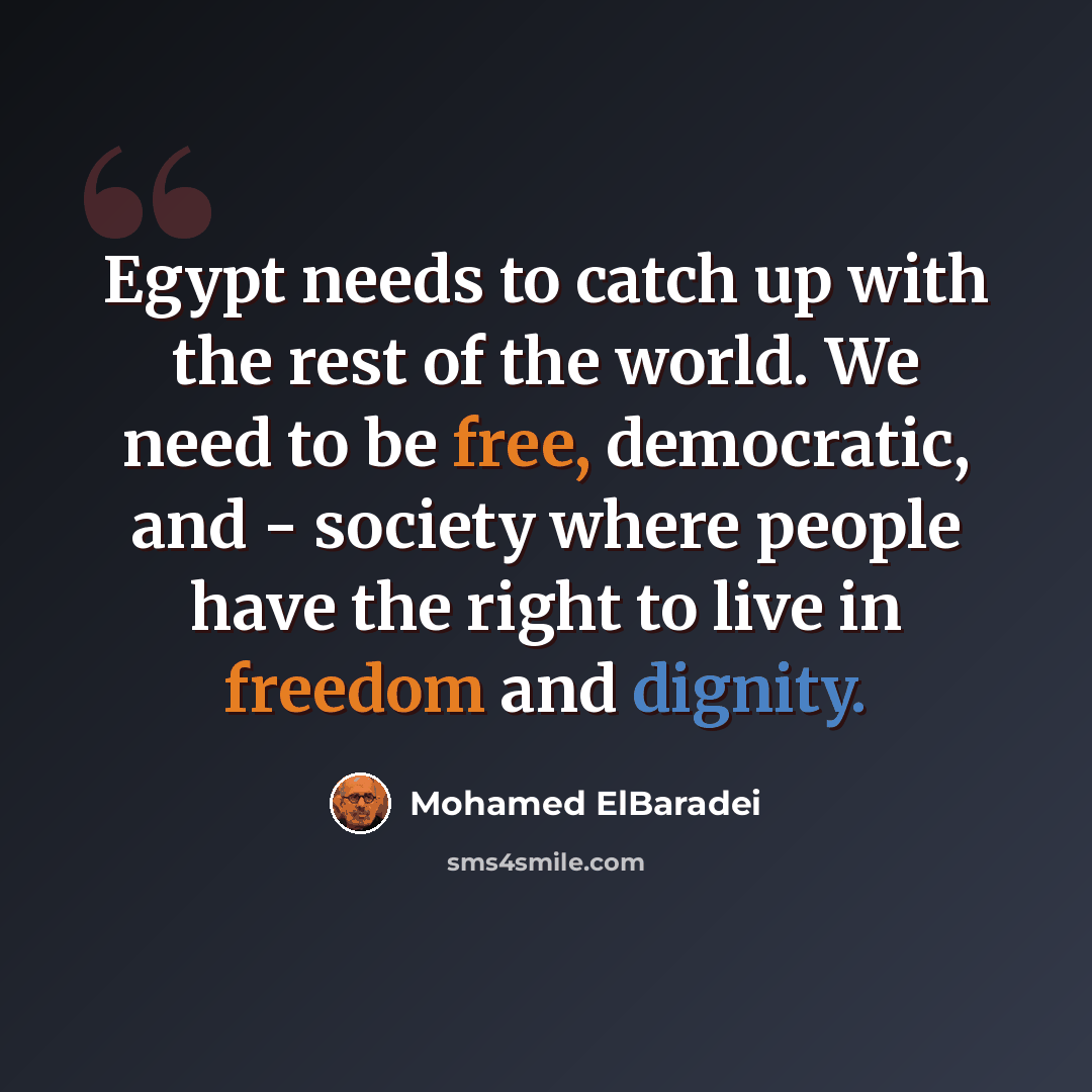 “Egypt needs to catch up with the rest of the world. We need to be free, democratic, and - society where people have the right to live in freedom and dignity.” quote by Mohamed ElBaradei