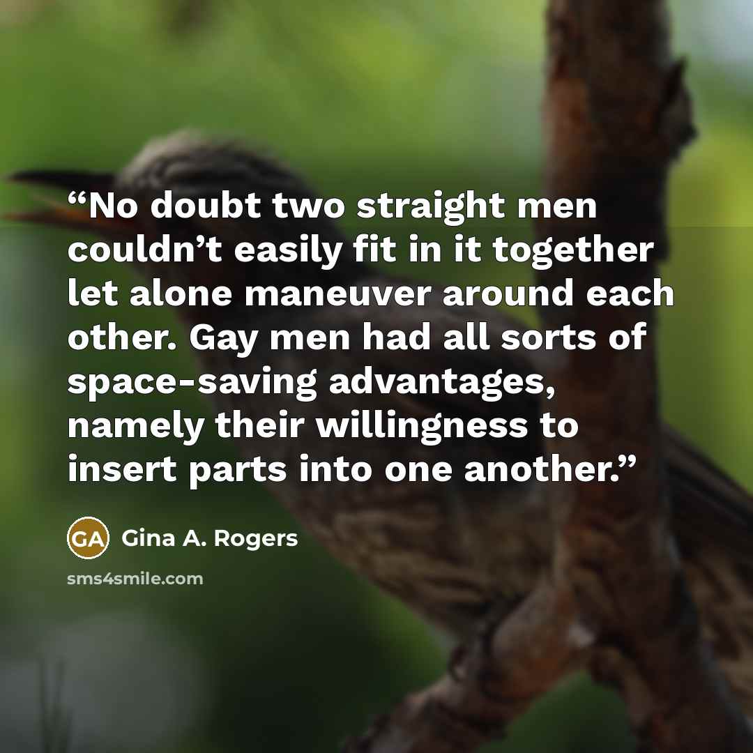 “No doubt two straight men couldn’t easily fit in it together let alone maneuver around each other. Gay men had all sorts of space-saving advantages, namely their willingness to insert parts into one another.” quote by Gina A. Rogers