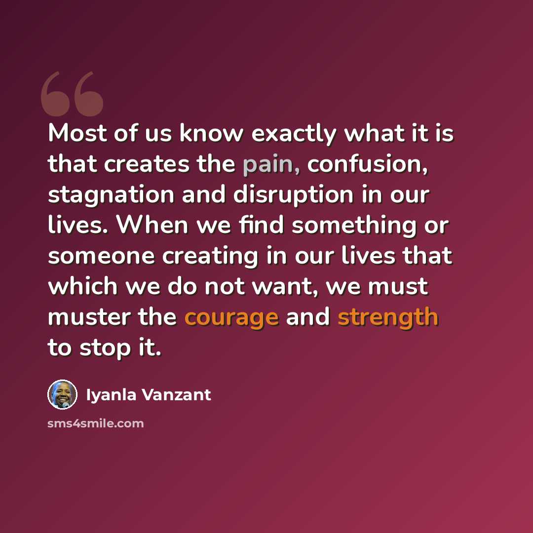 “Most of us know exactly what it is that creates the pain, confusion, stagnation and disruption in our lives. When we find something or someone creating in our lives that which we do not want, we must muster the courage and strength to stop it.” quote by Iyanla Vanzant