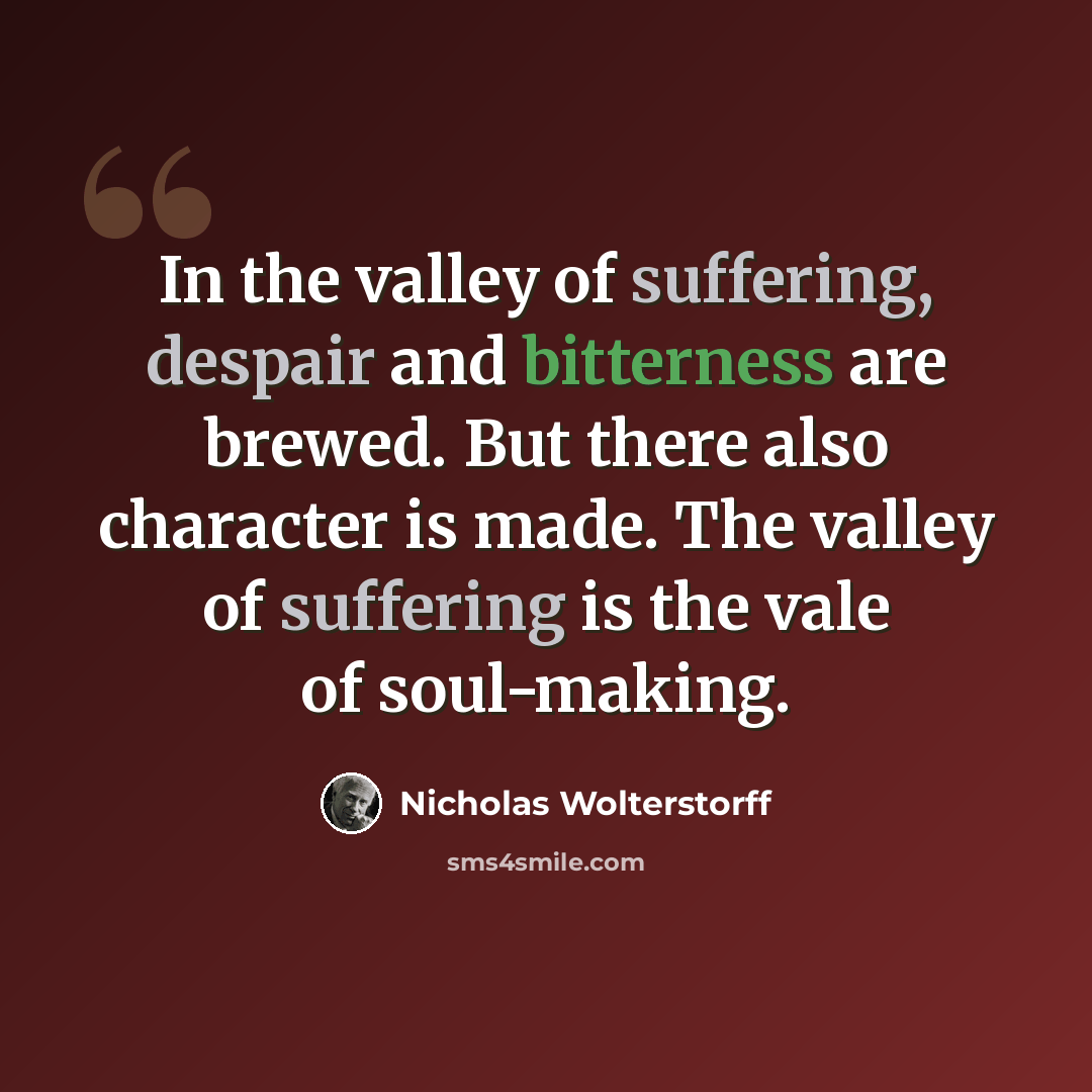 “In the valley of suffering, despair and bitterness are brewed. But there also character is made. The valley of suffering is the vale of soul-making.” quote by Nicholas Wolterstorff