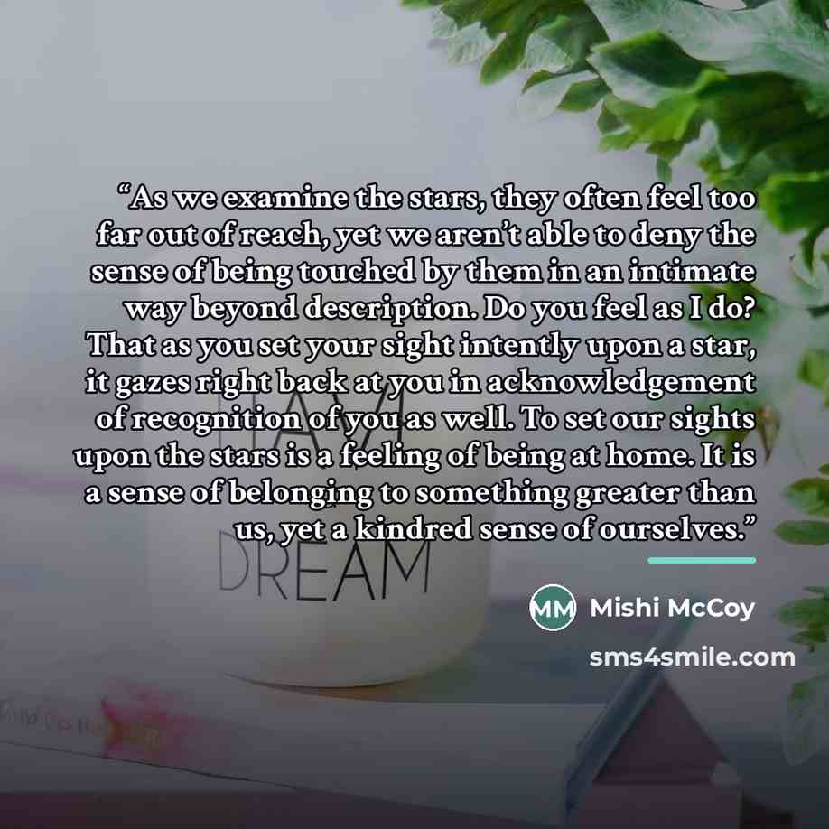 “As we examine the stars, they often feel too far out of reach, yet we aren’t able to deny the sense of being touched by them in an intimate way beyond description. Do you feel as I do? That as you set your sight intently upon a star, it gazes right back at you in acknowledgement of recognition of…” quote by Mishi McCoy