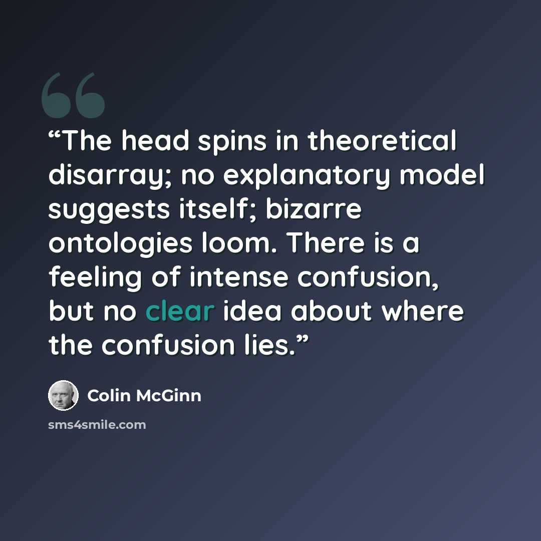 “The head spins in theoretical disarray; no explanatory model suggests itself; bizarre ontologies loom. There is a feeling of intense confusion, but no clear idea about where the confusion lies.” quote by Colin McGinn