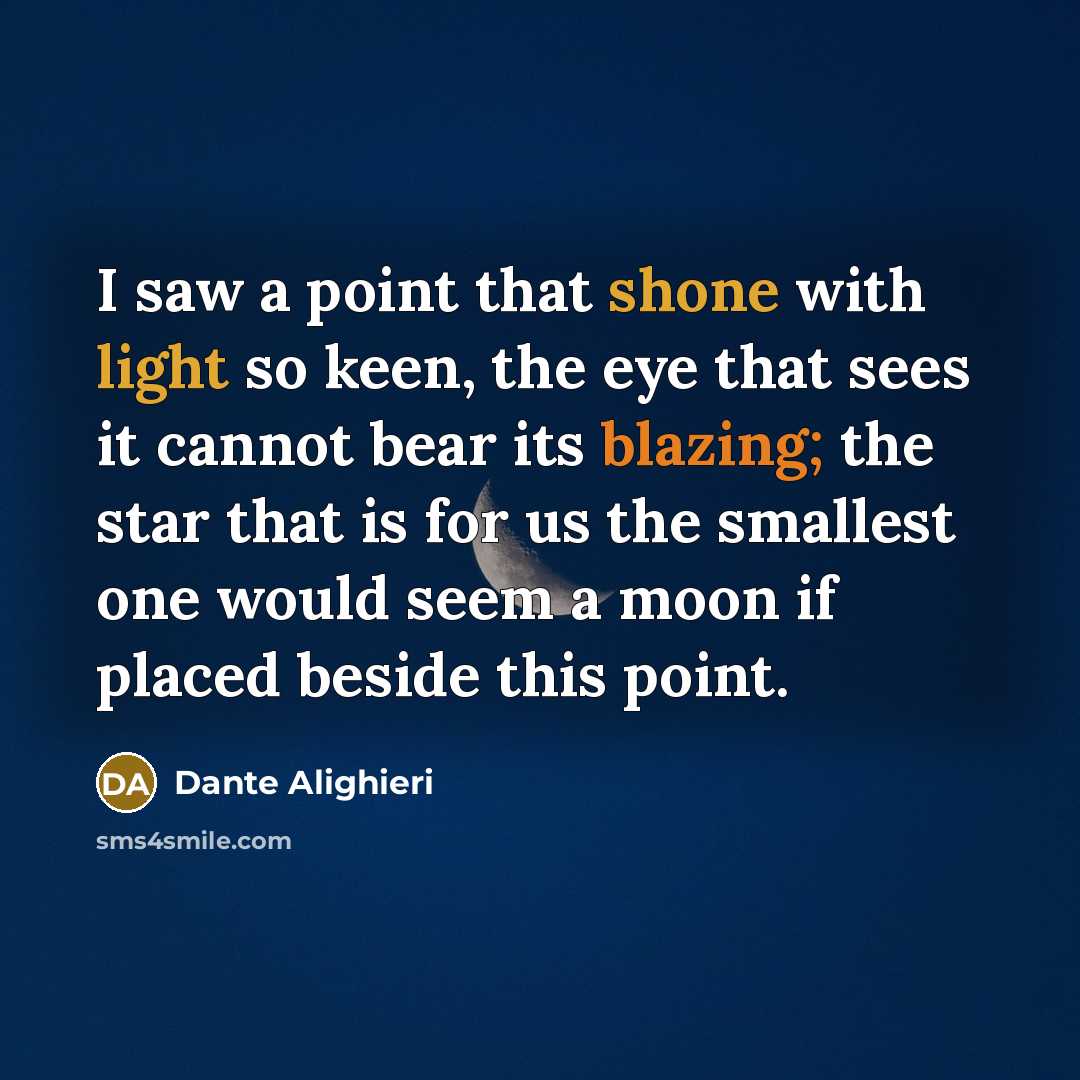 “I saw a point that shone with light so keen, the eye that sees it cannot bear its blazing; the star that is for us the smallest one would seem a moon if placed beside this point.” quote by Dante Alighieri